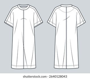 Oversized T-Shirt Dress Technical Fashion Illustration. Jersey Dress fashion flat technical drawing template, oversize, front and back view, crew neck, loose fit, white, women, men, unisex CAD mockup.