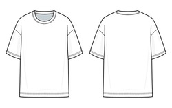 Oversized T-shirt Fashion Flat Technical Drawing Template. Flat Apparel, T-shirt Fashion Flat Illustration. Front And Back View, White Color, Unisex, CAD Mock Set.
