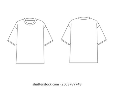 Oversized T-Shirt Fashion Flat Technical Drawing Template Flat Apparel T Shirt Fashion Flat Illustration Front and Back View White Color Unisex  Over Size T-shirt CAD mock-up