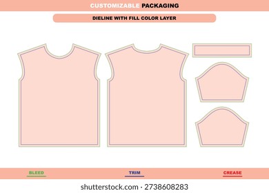 Oversized t-shirt packaging dieline template with modern garment structure and printable layout for apparel mockup design prepared for clean die line output