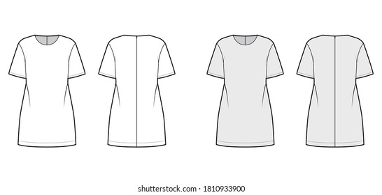 Oversized tunic technical fashion illustration with round neck, elbow sleeves, back zip fastening, above-the-knee length. Flat apparel blouse template front, back white grey color. Women men unisex