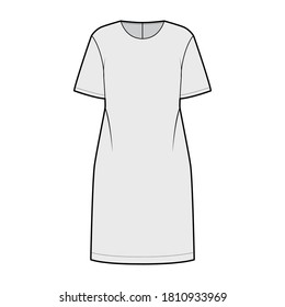 Oversized tunic technical fashion illustration with round neck, elbow sleeves, back zip fastening, below-the-knee length. Flat apparel blouse template front, grey color. Women men unisex shirt mockup