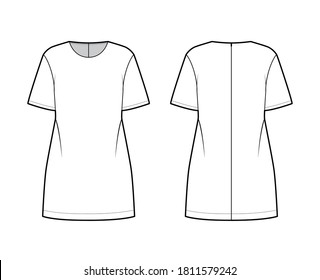 Oversized tunic technical fashion illustration with round neck, elbow sleeves, back zip fastening, above-the-knee length. Flat apparel blouse template front, back white color. Women men unisex shirt