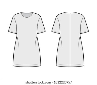 Oversized tunic technical fashion illustration with round neck, elbow sleeves, back zip fastening, above-the-knee length. Flat apparel blouse template front back grey color. Women men unisex shirt CAD