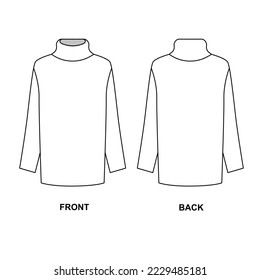 Oversized turtleneck sweater technical drawing. Vector sweater pattern template.