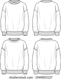 Oversized Unisex Raw Edge and Basic Sweatshirt Set. Technical fashion sweatshirts illustration. Flat apparel sweats template front and back, white colour. Unisex CAD mock-up.