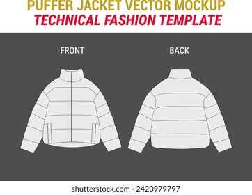 Oversized Winter Quilting Coat Puffer Winter Down Coat Vector Technical Sketch Cropped Puff Coat Mockup Template Flat Puffer Illustration