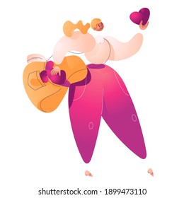 Oversized woman drawn with vibrant gradients holding heart in hands and in bag. Concept style female character isolated on white