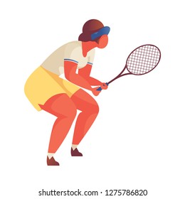 Oversized woman it tennis basic position with racket in her hands. Isolated on white sport vector illustration in bright colors