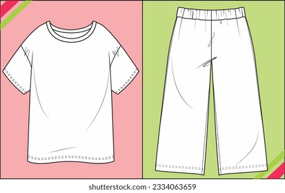 OVERSIZED WOMEN, GIRL T SHIRT, WIDE LEG PANTS SKETCH FASHION TEMPLATE TECHNICAL DRAWING ILLUSTRATION