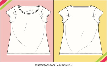 OVERSIZED WOMEN GIRLS ROUND NECK, FLOWER SHORT SLEEVE SKETCH FASHION TEMPLATE TECHNICAL DRAWING ILLUSTRATION