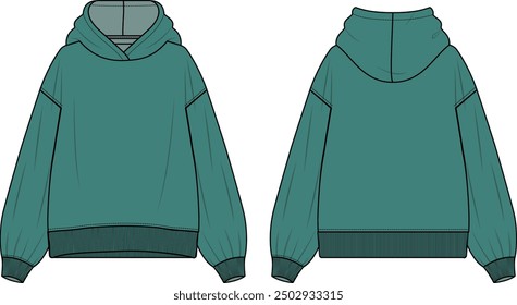 Oversized Frauen Kapuzen Sweatshirt Design Mode flache Skizze Vorlage. Kapuze ohne Taschen, Vorder- und Rückseite flache Skizze Vektorgrafik Vorlage. CD-Modell.