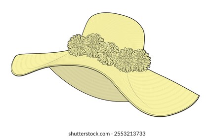 Oversized woven floppy hats vector mockup template technical drawing.