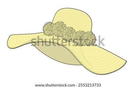 Oversized woven floppy hats vector mockup template technical drawing.