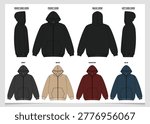 Oversized Zip-up Hoodie Tech Pack with Multi-angle Views and Color Variations Vector