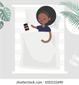 Oversleep, conceptual illustration. Young black female character sleeping in bed, top view. Alarm clock signal. Flat editable vector, clip art