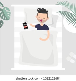 Oversleep, conceptual illustration. Young character sleeping in bed, top view. Alarm clock signal. Flat editable vector, clip art