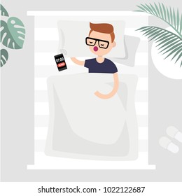 Oversleep, conceptual illustration. Young character sleeping in bed, top view. Alarm clock signal. Flat editable vector, clip art