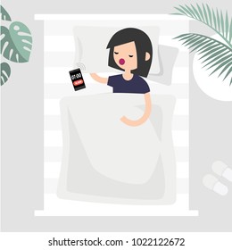 Oversleep, conceptual illustration. Young female character sleeping in bed, top view. Alarm clock signal. Flat editable vector, clip art