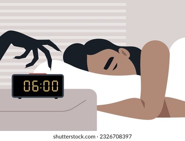 An oversleeping concept, a mysterious monster hand turning off the alarm clock in the morning