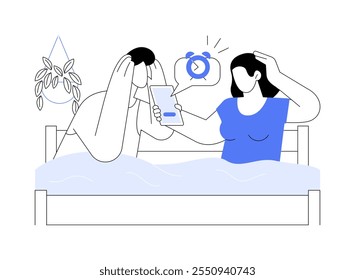 Ilustrações isoladas do vetor de desenhos animados com sobresono. Casal chocado que dorme demais, segurando o smartphone nas mãos, estilo de vida das pessoas, rotina doméstica, dia, manhã vetor de pressão horária cartoon.