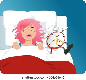 Overslept. Alarm clock falling asleep next to a cute girl, vector cartoon