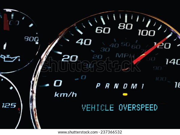 Overspeed\
warning light on dashboard with dial at\
120