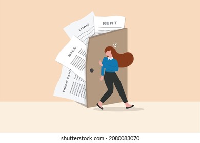 Overspend causing debt problem, financial failure or mistake, mortgage loan risk, bankrupt or credit score trouble concept, frustrated woman try to close the door with full of debts and bills to pay.