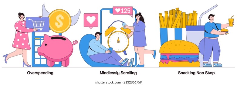 Overspending, mindlessly scrolling, snacking non-stop concepts with people characters. Addictive habits vector illustration pack. Social media addiction, junk food, diet, and nutrition metaphor.