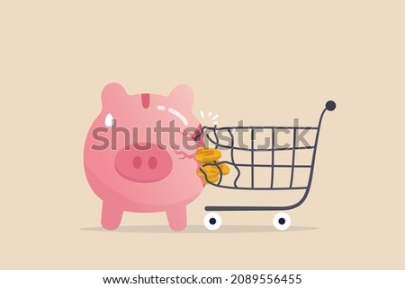 Overspending on shopping online causing debt, poverty, losing money or impact savings, over budget or financial failure concept, shopping cart trolley crash and broke sad saving or budget piggy bank.