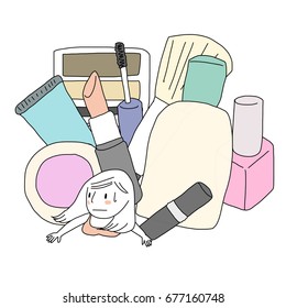 Overspending and shopaholic person concept with cosmetic products falling over weary woman who spending too much on beauty items. Girl lying down underneath many cosmetics packages.