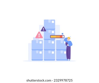 Overstock. excess stock inventory. too many supplies of raw materials. a warehouse worker is doing stock taking. Product inventory management or Inventory control. business matters. illustration