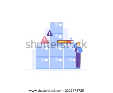 Overstock. excess stock inventory. too many supplies of raw materials. a warehouse worker is doing stock taking. Product inventory management or Inventory control. business matters. illustration Foto d'archivio © 