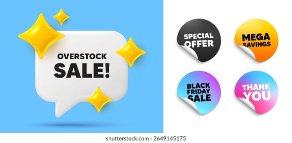 Bolha de fala de venda de ações extras, etiquetas adesivas. Oferta, adesivos Black Friday. Etiqueta de venda de ações extras. Sinal de preço de oferta especial. Símbolo de descontos de publicidade. Obrigado, tag. Bolha de bate-papo de brilho 3d. Vetor