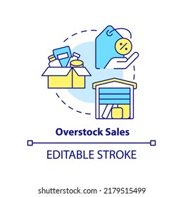 Overstock sales concept icon. Move inventory for low price. Discounts type abstract idea thin line illustration. Isolated outline drawing. Editable stroke. Arial, Myriad Pro-Bold fonts used