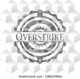 Overstrike retro style grey emblem with geometric cube white background
