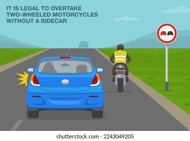 Overtaking tips and passing rules. It is legal to overtake two-wheeled motorcycles without a sidecar. Back view of car driver aims to pass the biker. Flat vector illustration template.