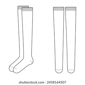 Juego de largo de calcetines sobre la rodilla. Ilustración técnica de ropa accesoria de calcetería de moda. Frente de Vector, vista lateral para hombres, mujeres, estilo unisex, maqueta CAD de Plantilla plana aislada sobre fondo blanco 