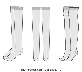 Juego de largo de calcetines sobre la rodilla. Moda calcetería accesorio ropa técnica ilustración media. Frente de Vector, vista lateral para hombres, mujeres, estilo unisex, maqueta CAD de Plantilla plana sobre fondo blanco 