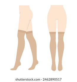 Over-the-Knee Socken Länge Set auf Frauen Beine. Strumpfwaren Mode Accessoire Bekleidung technische Illustration Strumpf. Vektorgrafik vorne, Seitenansicht, flache Vorlage Mockup Skizze Umriss isolierter weißer Hintergrund