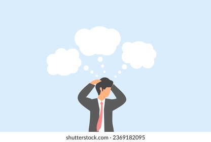 OVERTHINKING, ANXIETY, AND CONFUSION CONCEPT. BUSINESSMEN ARE STRESSED BECAUSE THERE ARE MANY THOUGHTS RELATED TO COMPANY DECISIONS. A LOT OF THINGS IN MIND. WORK LOAD THAT MAKES THE BRAIN TIRED