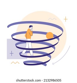 Overthinking. Anxiety and stress caused by thinking too much. Trouble in decision making, confusing thoughts. Hyperfixation, movement in a circle. Flat vector illustration