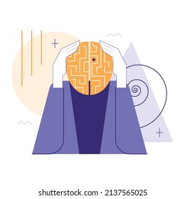 Overthinking. Anxiety and stress caused by thinking too much. Trouble in decision making, confusing thoughts. Hyperfixation, movement in a circle. Flat vector illustration