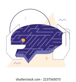 Overthinking. Anxiety and stress caused by thinking too much. Trouble in decision making, confusing thoughts. Hyperfixation, movement in a circle. Flat vector illustration