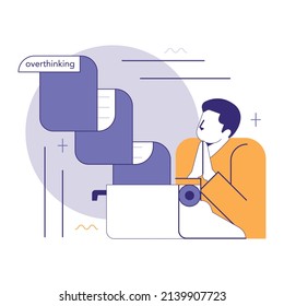 Overthinking. Anxiety and stress caused by thinking too much. Trouble in decision making, confusing thoughts. Hyperfixation, movement in a circle. Flat vector illustration