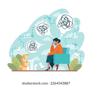 Overthinking. Anxiety and stress caused by thinking too much. Trouble in decision making, confusing tangled thoughts. Hyperfixation, problem solvation dilemma. Flat vector illustration