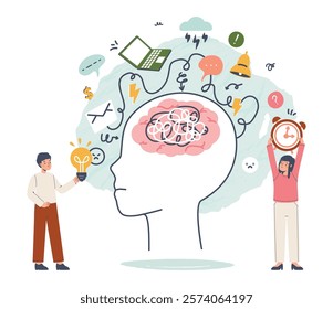 Overthinking brain. Overloaded person, multitasking and fatigue. Office worker, workaholic abstract character. Mental psychology health, vector concept