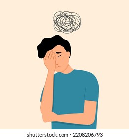 Overthinking concept vector illustration. Stressed man with headache symptom. Guy feel tired and fatigue.