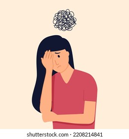 Ilustración vectorial de concepto de sobrepensamiento. Mujer estresada con síntoma de cefalea. Las mujeres se sienten cansadas y fatigadas.