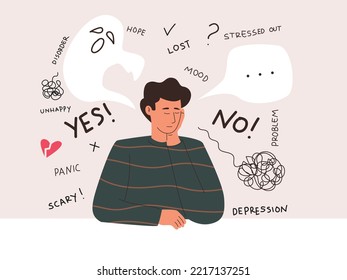 Overthinking concept vector illustration. Stressed out man, mental healthy, man character in problems